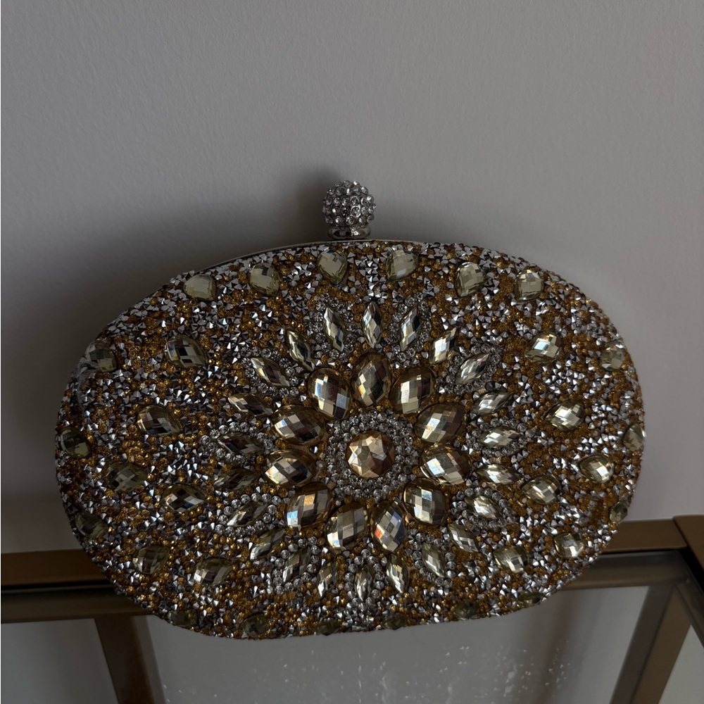 Elegant Gold and Silver Beaded Clutch